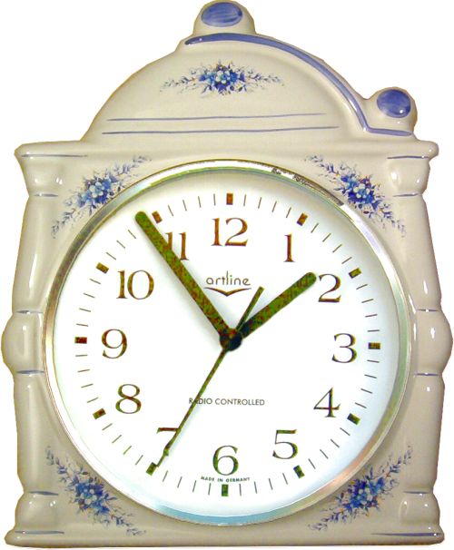 Keramik Kaffeemühlen Uhr "Hellblaue Blumen" Funkuhr - zum Schließen ins Bild klicken